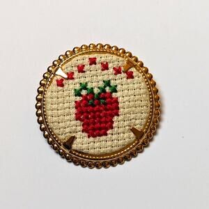 Vintage Artisan Handmade Gold Tone Cross Stitch Strawberry Gold Tone Brooch